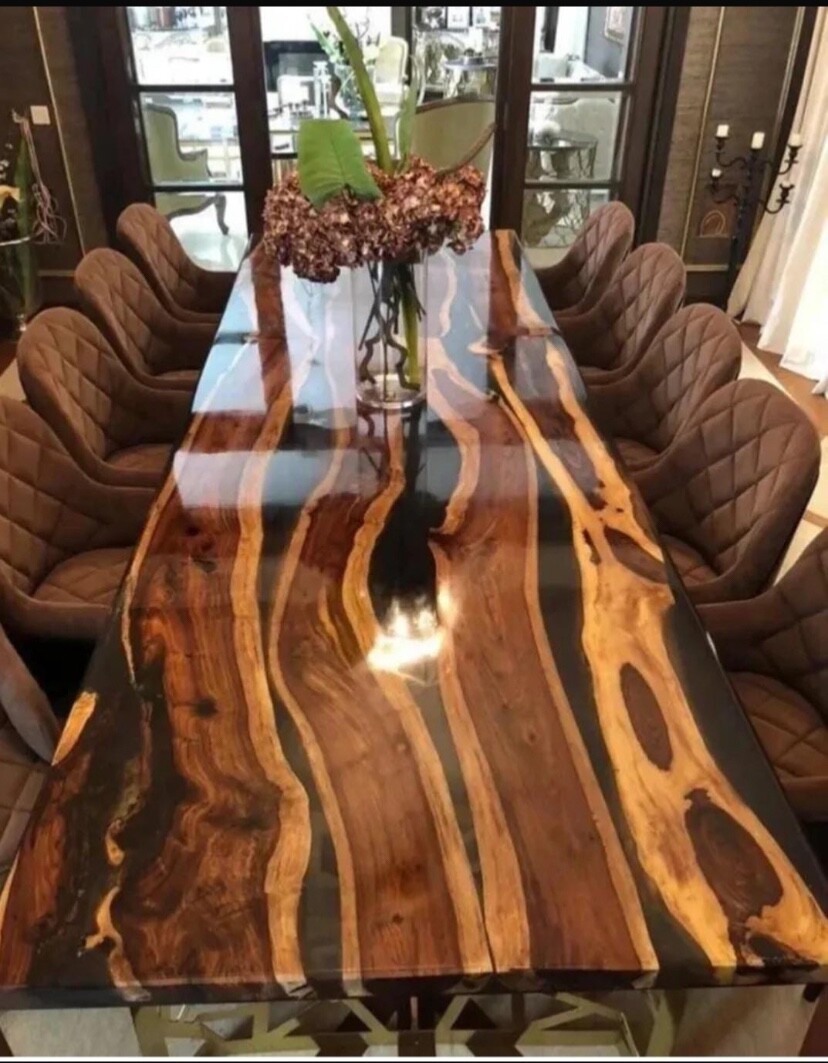 Black epoxy dining table top, resin river table top, live edge wooden table top