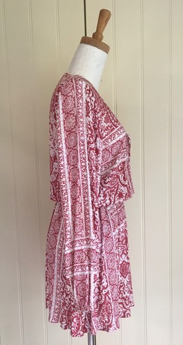 DRESS Mini Long sleeve Pockets Tigerlily Sz 8 Elastic waist V-neck Red White - Picture 3 of 8