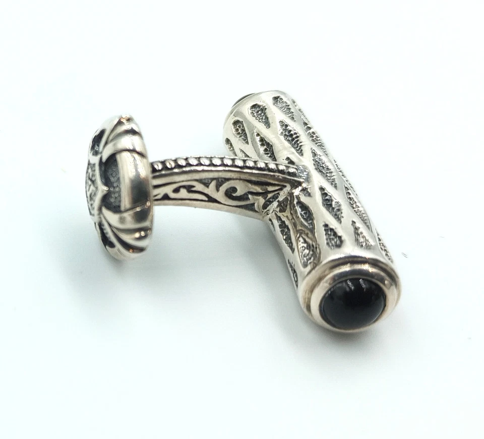 Gemelos Scott Kay de plata esterlina fina en forma de barril con detalles de ónix firmados Foto 2 de 4