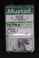 Mustad Ultra Point 36330NP-DS Size 1 Inline 4X Treble Hooks Durasteel Pack of 4