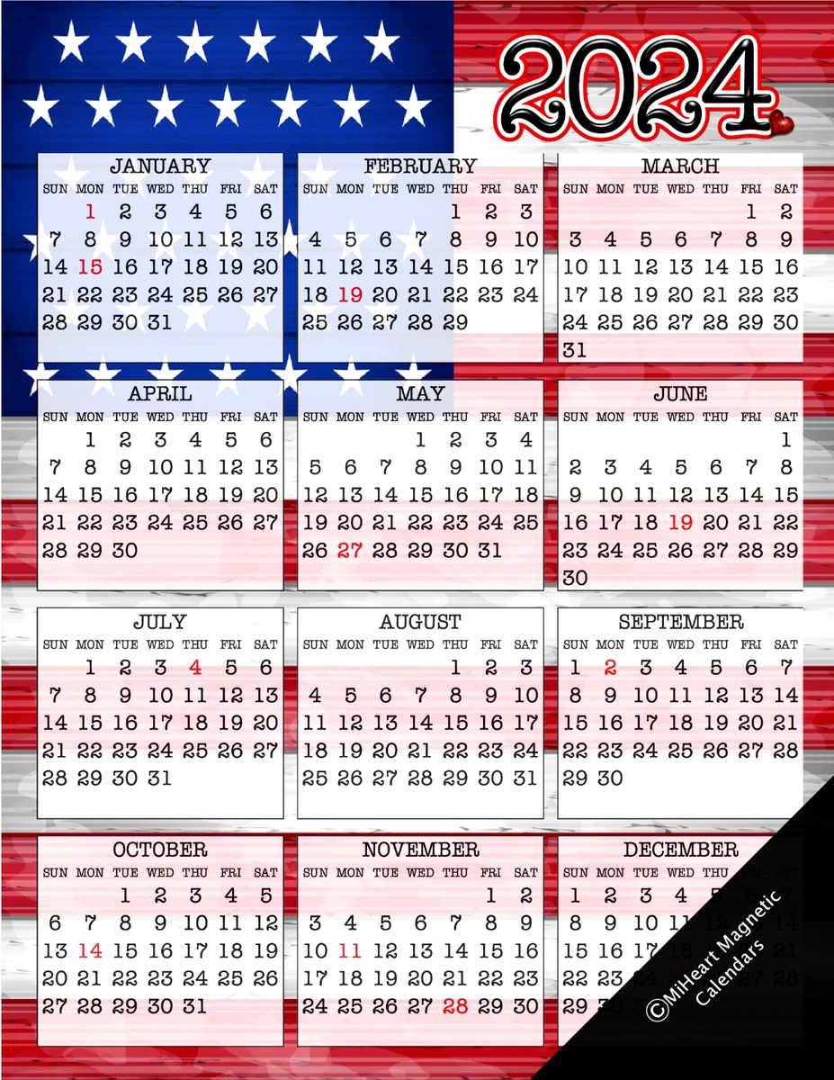 2024 - 12 Month MiHeart Magnetic Refrigerator Calendar 8.5"x11" (American  Flag) | eBay