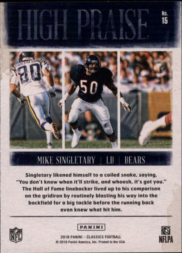 2018 Panini Classics High Praise #15 Mike Singletary Chicago Bears Card ID:21020 - Image 2 of 2