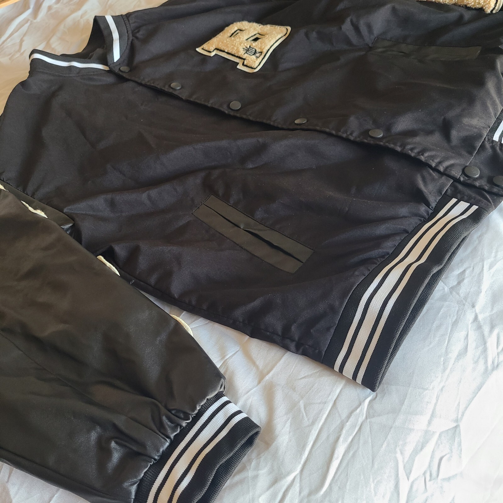 Varsity Jacket Black Bones Patchwork Baseball Fau… - image 5