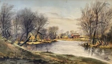 Antique Watercolor Painting 1920 Signed JJP Farmhouse Lake Landscape