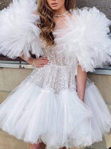 Wedding Short Dress Half Sleeve Strapless A Line Lace Sequins Ruffles Layered - Picture 19 of 22