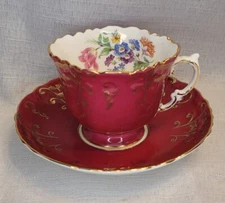 Vintage Aynsley Tea Cup and Saucer Red Magenta Maroon England Bone China