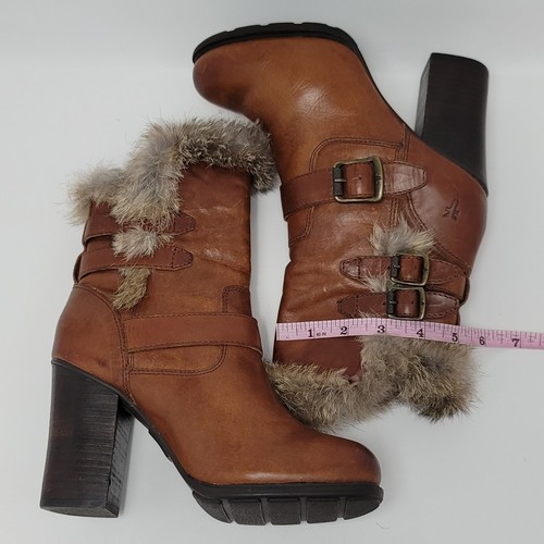 Frye Womens Brown Penny Luxe Fur Lined Buckle Cognac Leather Moto Heel Boot 7M - Picture 3 of 13