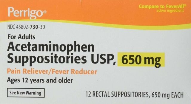 Perrigo Acetaminophen Suppositories Pain Reliever Fever Reducer 650 mg 12 Ct
