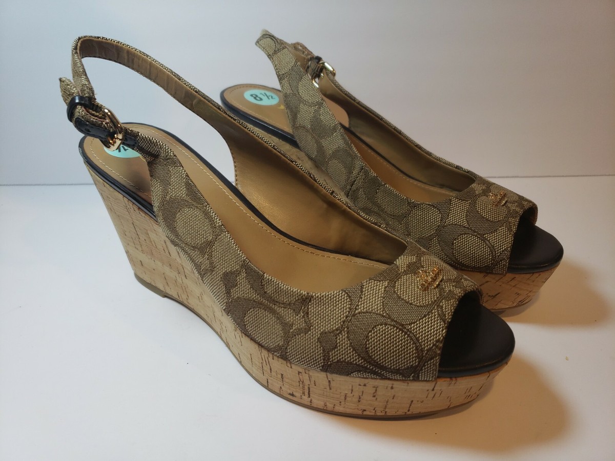Coach Women's Brown Peep Toe Slingback Platform Wedge - Size