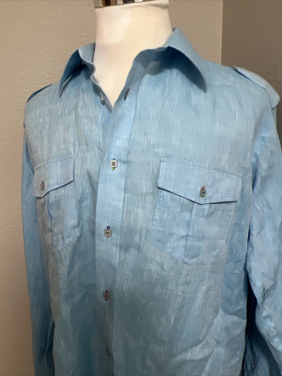 Luchiano Visconti Mens Blue Button Front Linen Shirt Size Extra Large XL