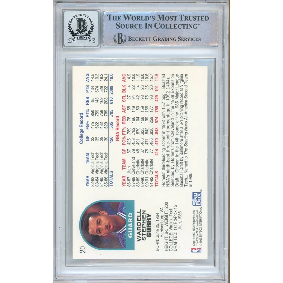 Tarjeta firmada por Dell Curry 1992-93 NBA Hoops #20 Beckett BAS AUTO-10 Slab Hornets Foto 3 de 4