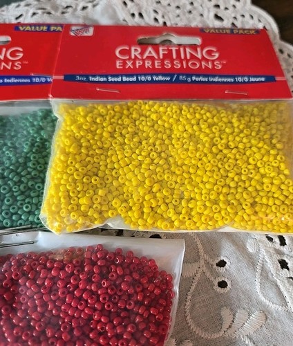 Westrim Crafts Lot Of 3 3oz Indian Seed Beads Green Yellow Red Value Packs - Picture 3 of 12
