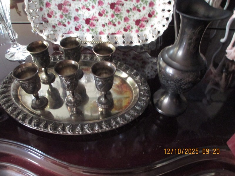 Vintage 6 Small Glasses with Tray and Ewer.