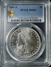 1881-S $1 Morgan Silver Dollar, PCGS MS GEM 66 #92296
