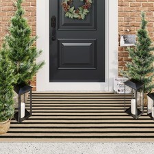 Black and Tan Outdoor Rugs, 3x5 Stripe Front Porch Rugs Hand-Woven Front Door...