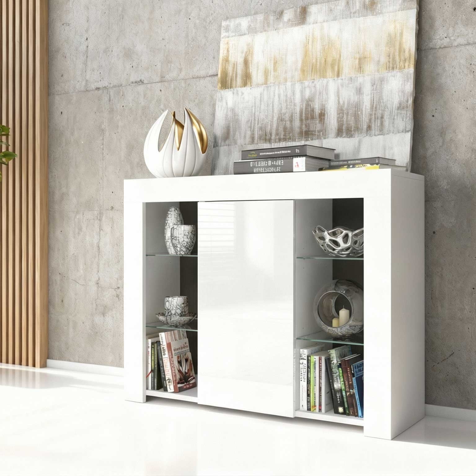 Sideboard Display Cabinet White Gloss Storage Shelves TV Unit Bookcase 97cm