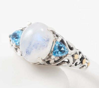 Handwerklich handgefertigter Ring Sterlingsilber Mondstein & Blautopas drei Steine Größe 7