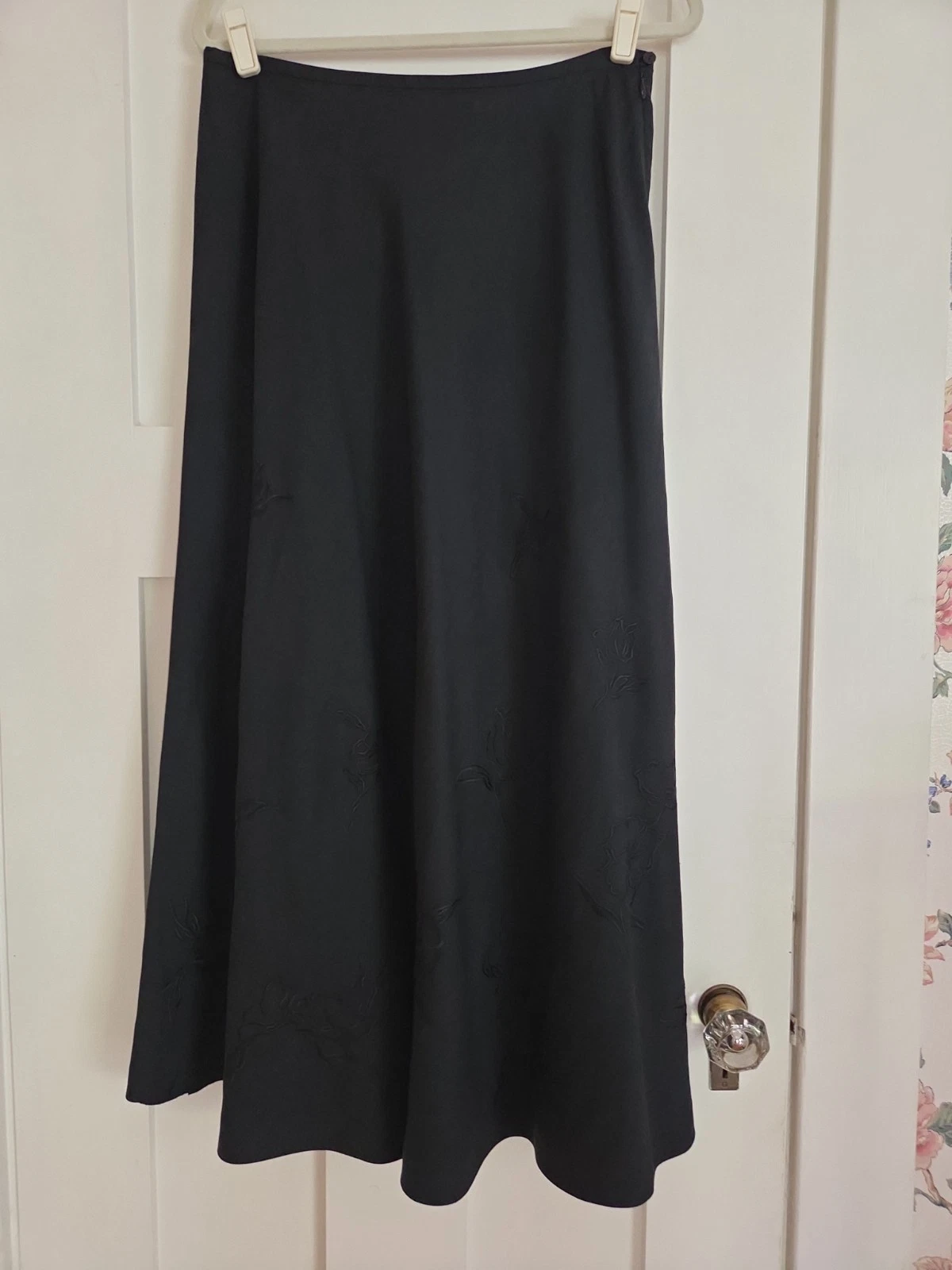 Jaeger Black Floral Embroidered Linen Silk Blend Flared Side Zip Skirt Sz 12