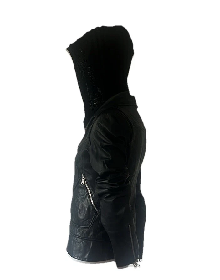 Doma Women's Leather Moto Biker Jacket Detachable Black Knit Hoodie Size M - Image 4 of 4