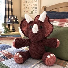 Handmade Crochet Triceratops Plush Dinosaur 16" Burgundy Chenille Stuffed Animal