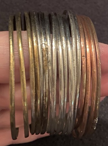 Lot of 17 VTG 1970s TRI COLOR BANGLE BRACELETS-Thin-Plated Silver, Gold, Copper