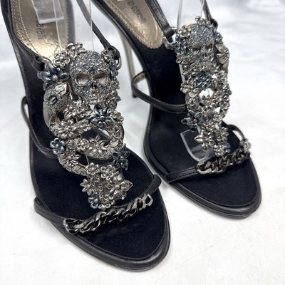 Roberto Cavalli Vintage Y2K Skull Snake Floral Embellished Sandal Heels Black