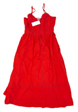 Evereve Jill Contrast Stitch Linen Midi Dress Red Blue Size Small Pockets