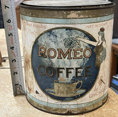 VINTAGE ROMEO COFFEE 3 LB PAPER & TIN COFFEE CAN - CHICAGO, ILLINOIS