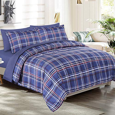 Queen Comforter Set Bed in A Bag with Sheets 7 7-Piece Full/Queen Blue Plaid