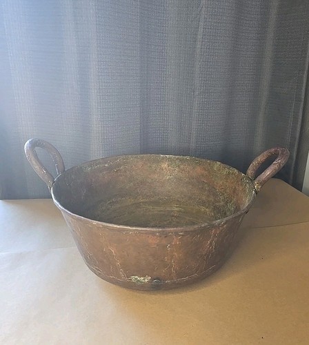 Antique Hand Crafted Hammered Copper Pot with Riveted Handles 12” diameter 