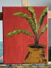 Tropical Plant Original Hand Painted Impasto Oil Painting 8x10 In Canvas Signed