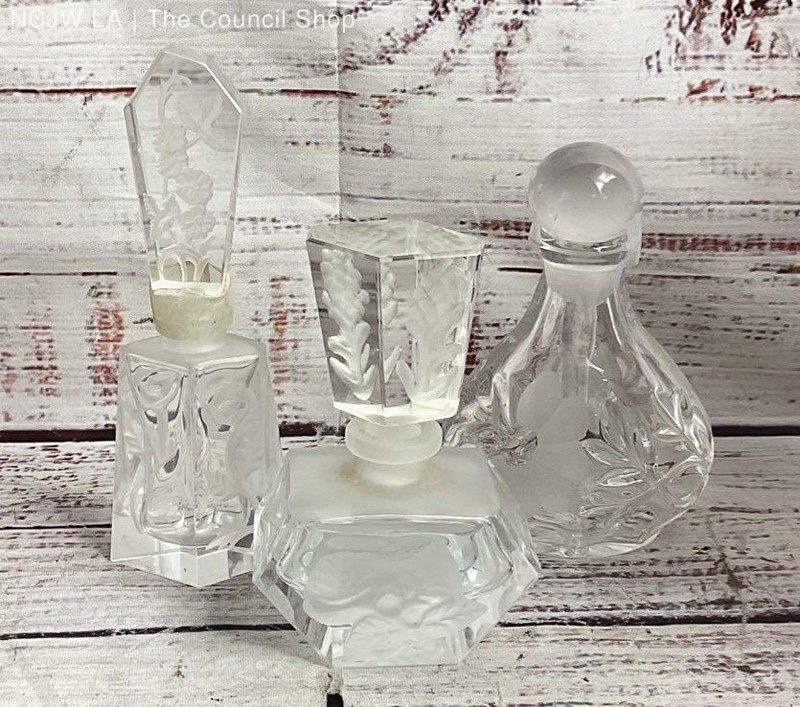 Vintage Lot of 3 Frosted Glass Perfume Bottles Clear
