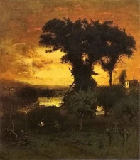 Oil painting george inness - afterglow sunset with huge tree landscape on canvas