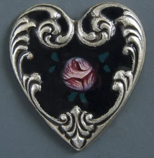 HEART SHAPED, HAND-PAINTED METAL BUTTON WITH FLORAL DESIGN