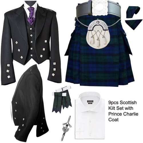 Prince Charlie Coat Kilts Jacket Traditional Scottish Utility Tartan 9pcs Set - Picture 19 of 42