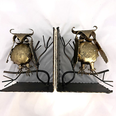 C Jere style Metal Owl on a Branch Sculpture Bookends c1970s MCM Vtg