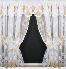 Gold Daisy Floral Lace Net White Curtain Tieback Set 100"Wide Window Set 4 Drops