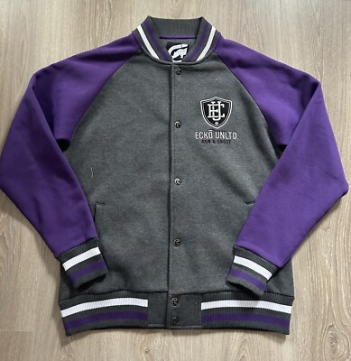 Ecko UNLTD Medium Varsity lila grau Jacke Pullover Oberteil Fleece Y2K Raw & Uncut