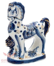Russian Porcelain Gzhel Hand Painted Figurine of Horse Symbol 2026 Year Гжель