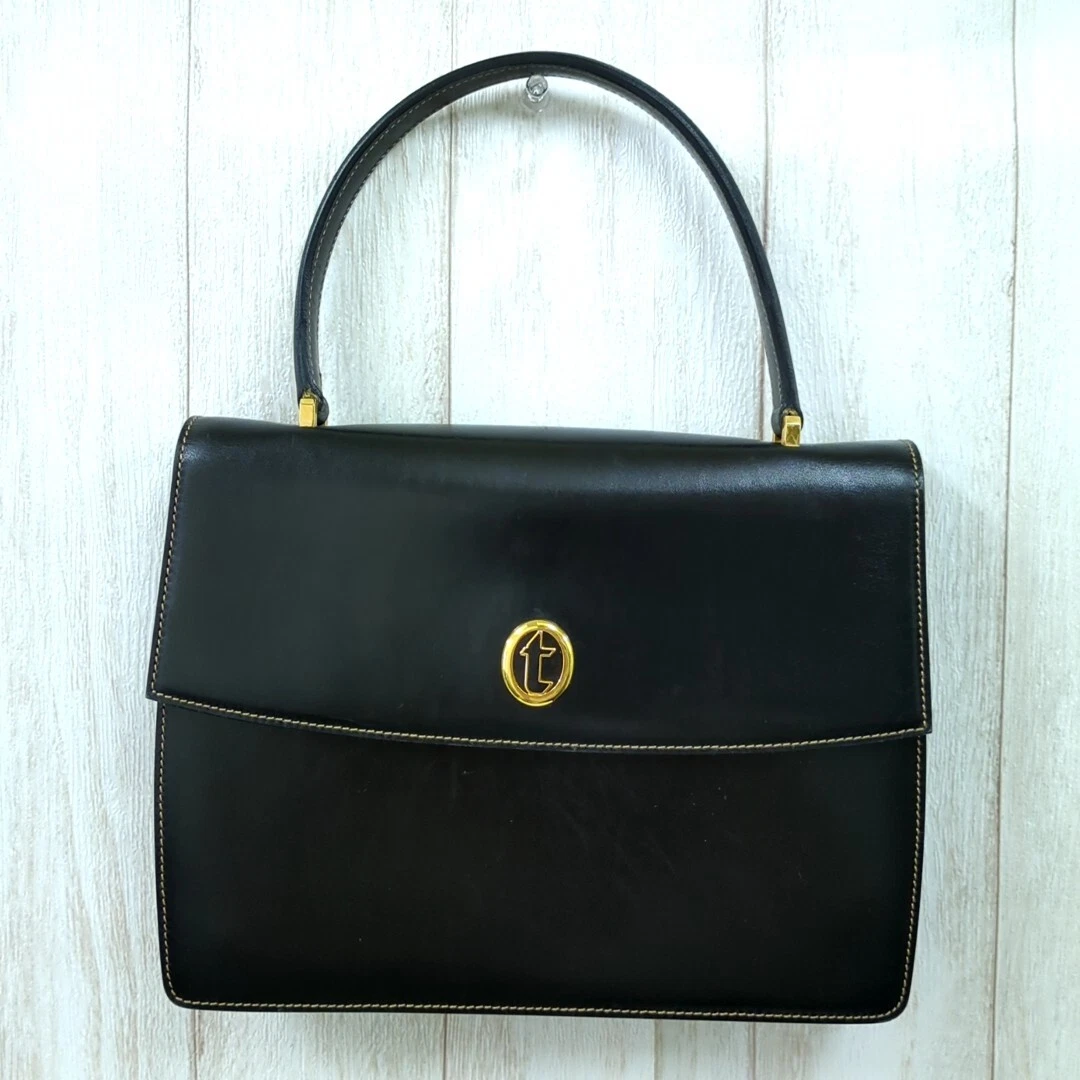 A. Testoni Leather Handbag Black Gold made in Italy Women's Used from Japan