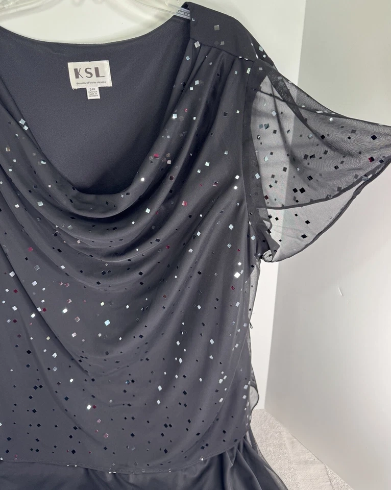 KSL Карин Стивенс 24 Вт черный блестящий трепетать рукав капот шеи платье без ремня - Изображение 4 из 4