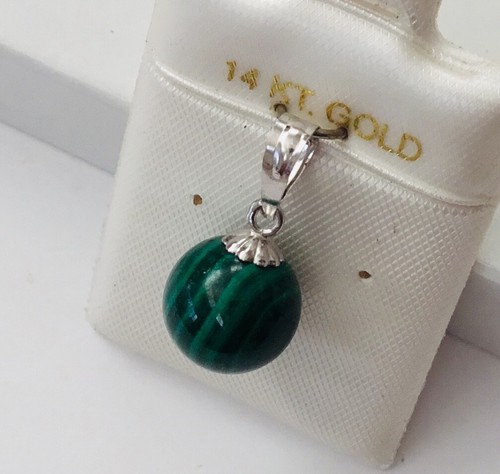 Solid 14K White / Yellow Gold Natural Green Malachite Ball Solitaire Pendant NEW - Picture 4 of 9