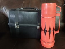 Vintage Aladdin Black Plastic Lunch Box with Red & Black Plaid Thermos USA Made