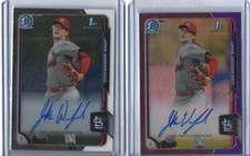 (2) Jake Woodford  2015 Bowman Chrome Purple Refracto Auto #/250 & Base Autograp