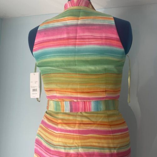 Vintage 90s Old Money David Warren Rainbow Striped Silk Belted Dress size 6 NWT - Picture 2 of 10