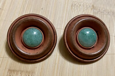 Vintage Designer Dannah Copper Disc With Green Aventurine Cabochon Earrings