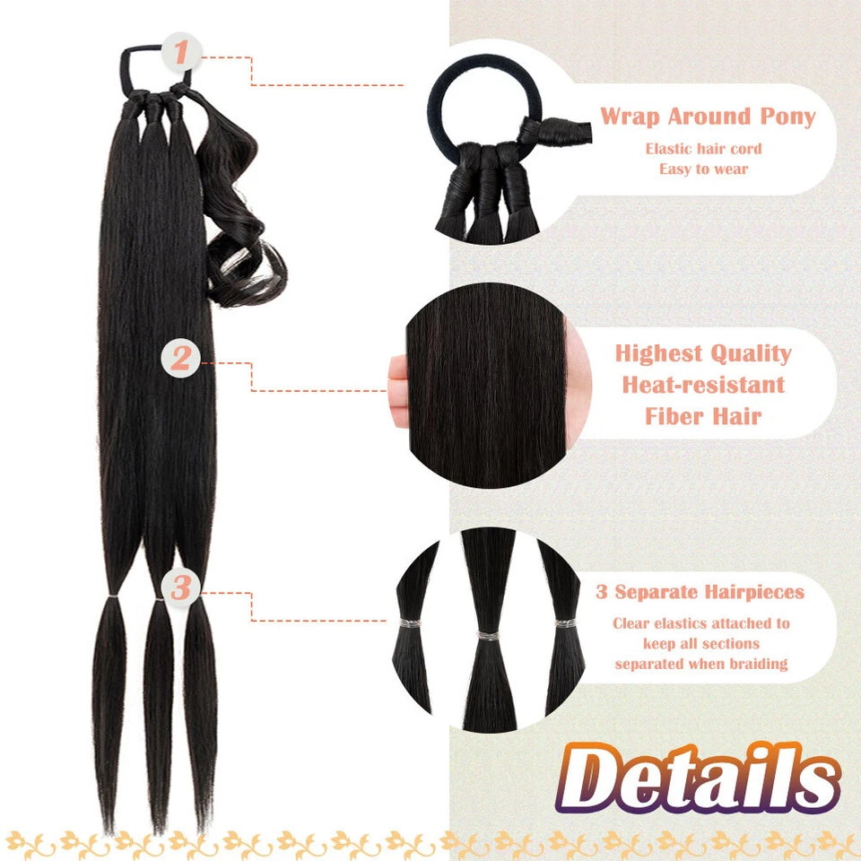 34" Long Braided Ponytail Extensions Real As Human Hair Straight Hair Pony tail - Image 3 of 4