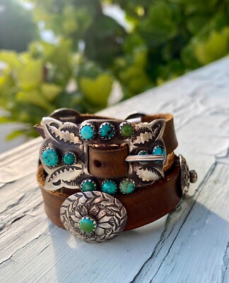 Sterling Silver Leather Natural Turquoise Old Dime Concho Bracelet