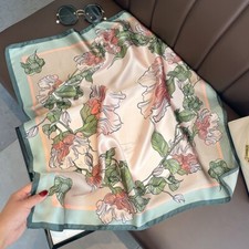 100 Silk Square Scarf Women Neckerchief Bandana Beige Pink Flower Green 65 65cm