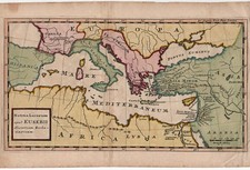 Antica mappa colorata a mano Grecia mediterranea Asia Minore Eusebio c.1780